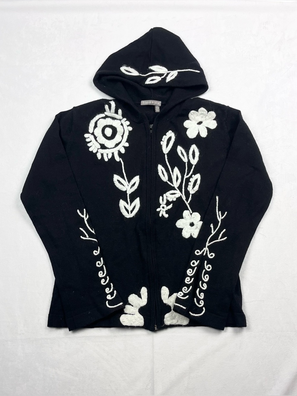 Tristan & Iseut Y2K Black 90% Merino Wool Floral Embroidered Zip-Up Hoodie Large